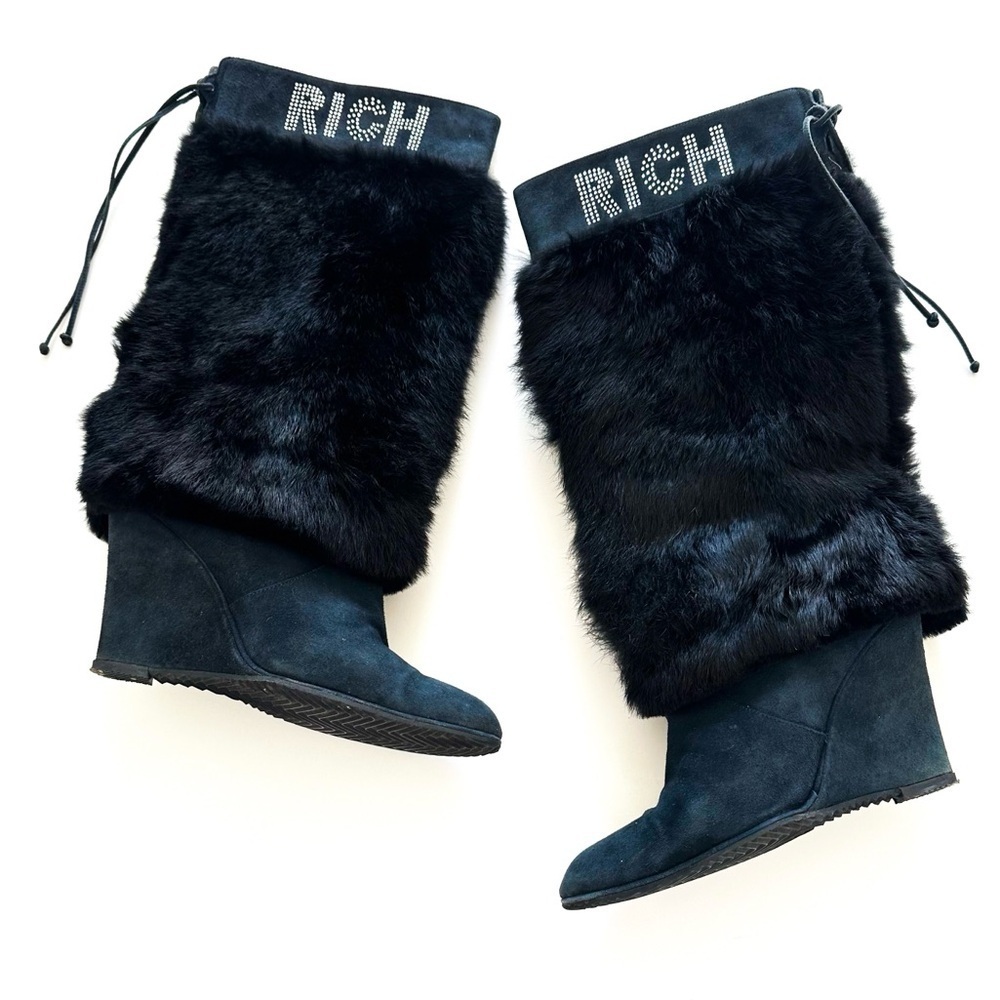 John Richmond Blue Suede Fur Wedge Boots with RICH Embellishments 39